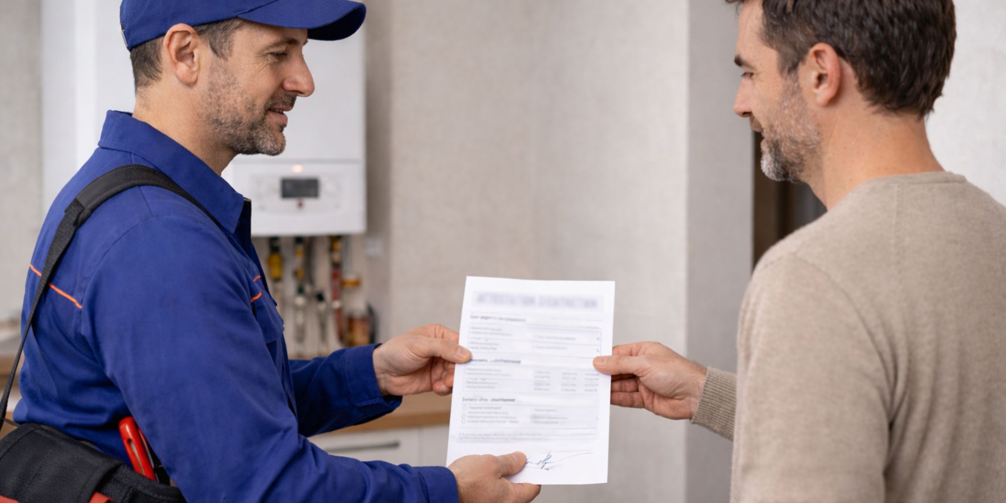 Artisan chauffagiste qui remet à son client une attestation d'entretien de chaudière