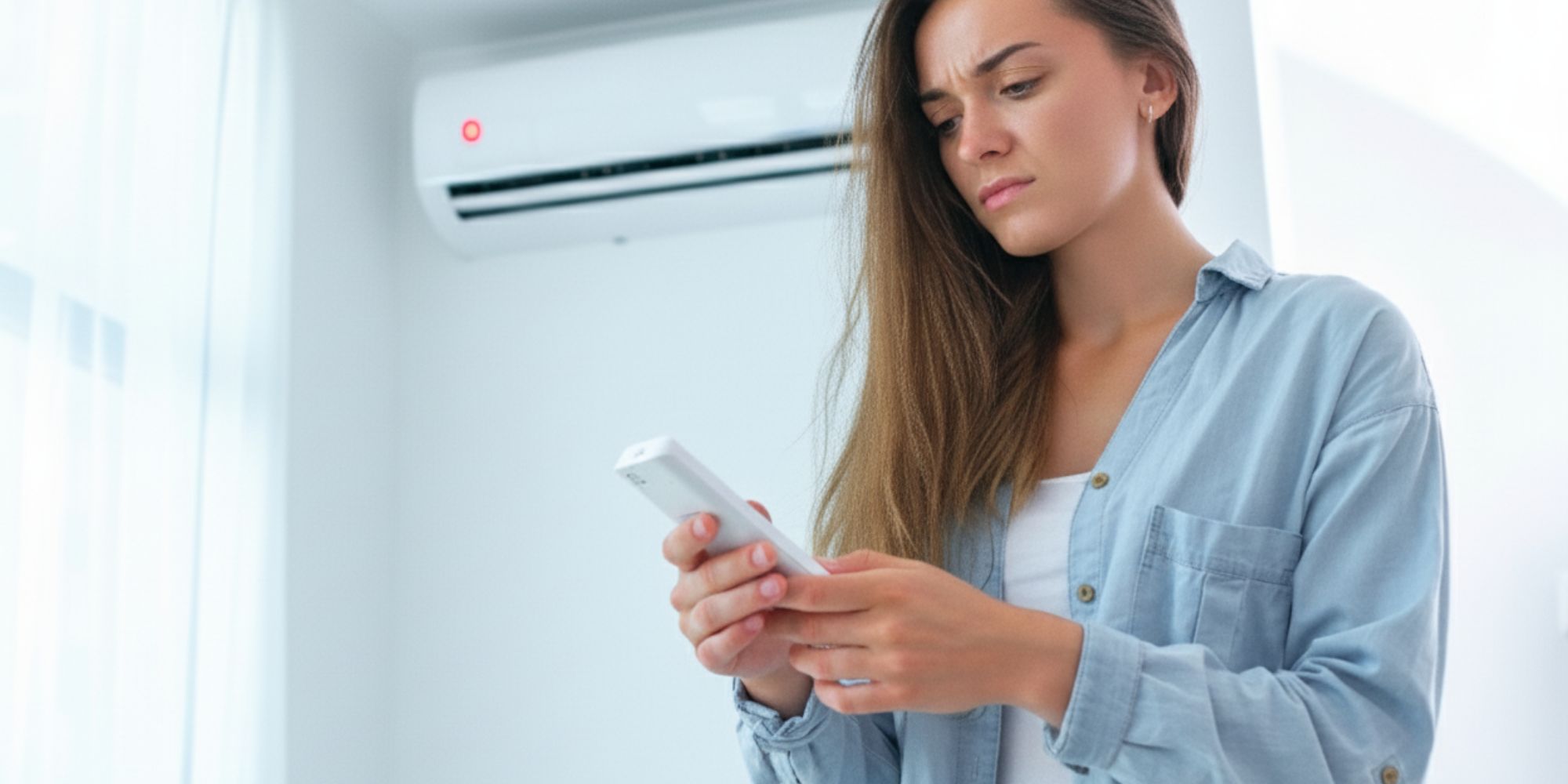 Femme regardant sa télécommande de clim avec inquiétude – pour illustrer un problème lié à un code erreur sur appareil Daikin