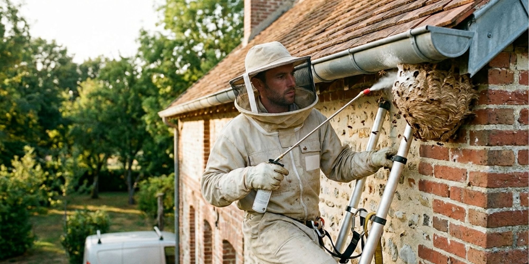 Professionnel en train d'éliminer un nid de frelons