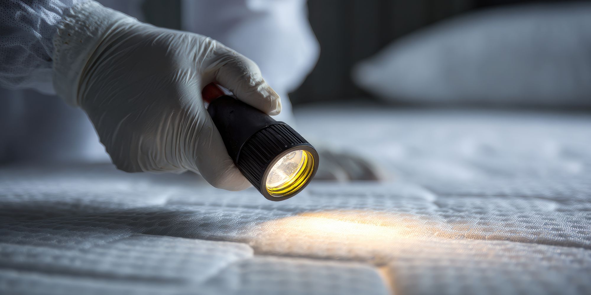 Professionnel inspectant un matelas avec une lampe torche - étape de recherche pour montrer comment trouver le nid des punaises de lit