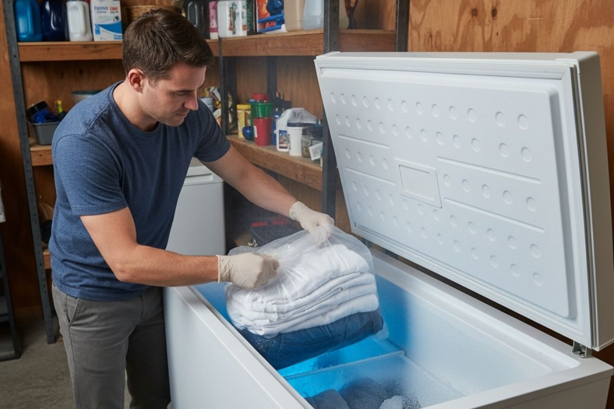 Personne qui dépose un sac de vêtements contaminés par des punaises de lit dans le congélateur pour les traiter par le froid.