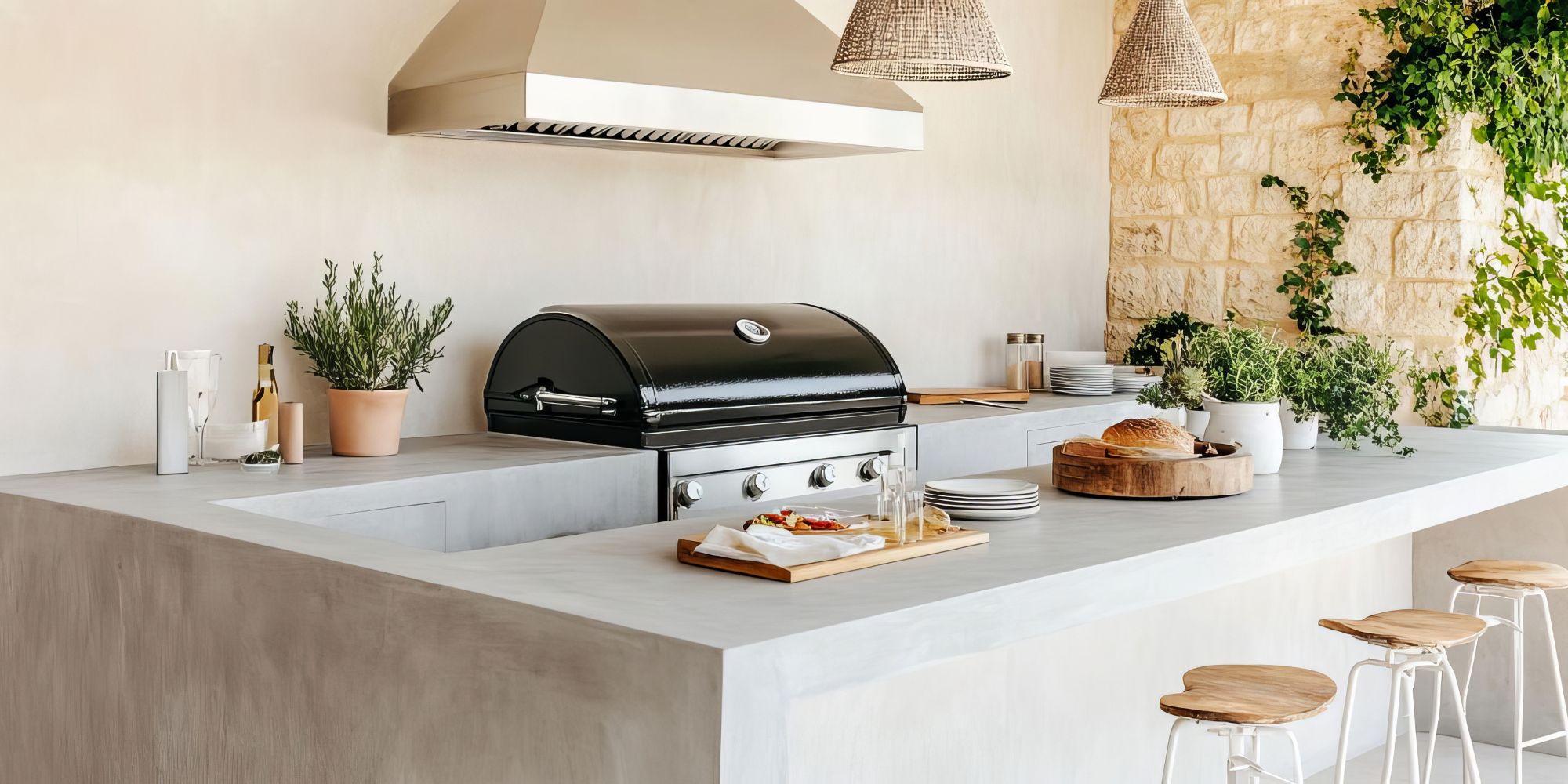 Exemple de cuisine extérieure pour à reproduire en béton cellulaire, avec barbecue noir, hotte inox, suspensions en osier et plantes aromatiques
