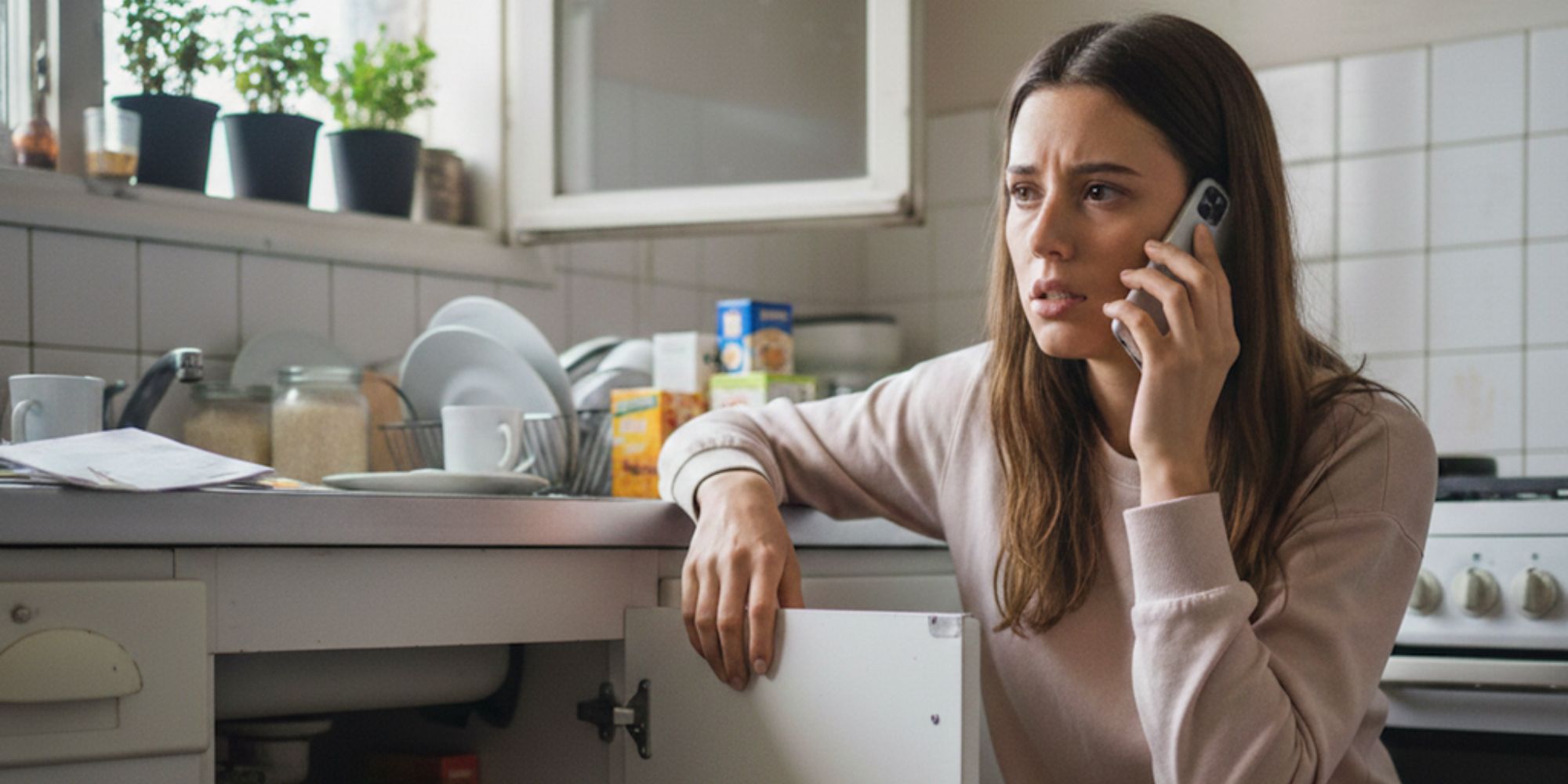 Locataire inquiète au téléphone dans sa cuisine après la découverte de rongeurs – illustrant la question courante : la dératisation est-elle à la charge du locataire ou du propriétaire ?