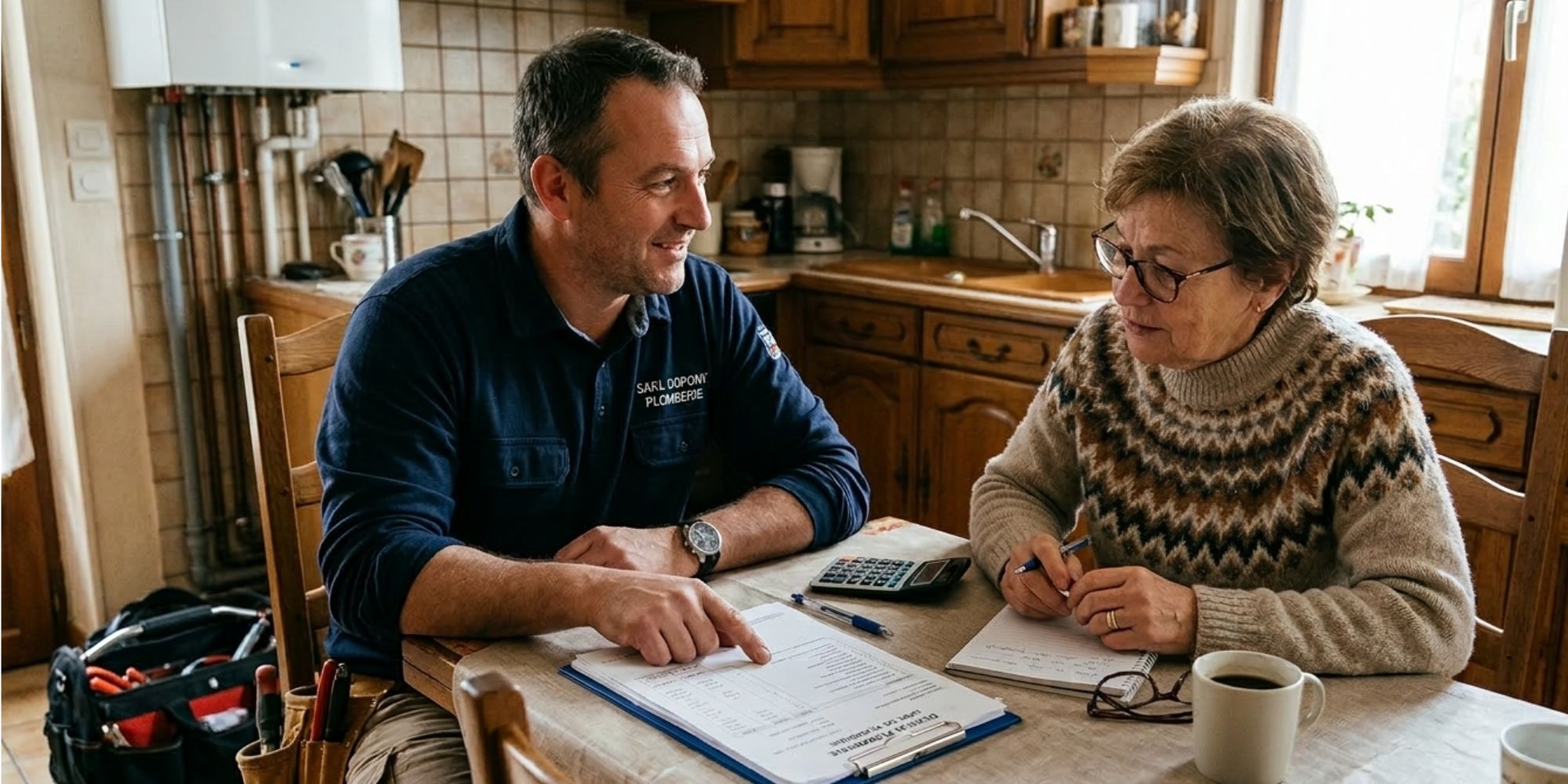 Plombier qui présente un devis à une cliente et qui lui explique