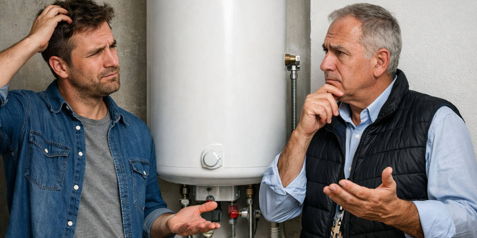 Locataire et propriétaire devant un chauffe-eau