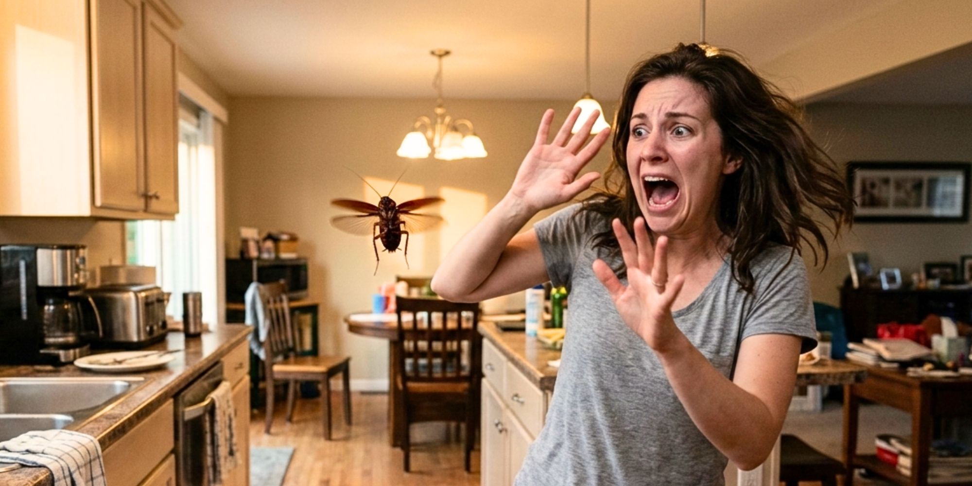 Femme qui voit un cafard volant dans sa cuisine