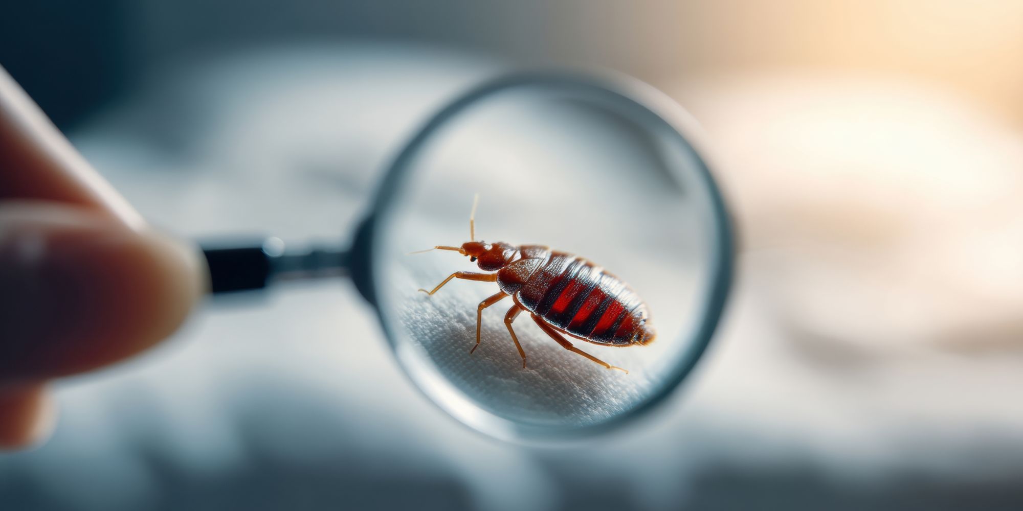 une punaise de lit vue à la loupe avec en fond une chambre pour illustrer la situation d'une personne qui dit avoir trouvé une punaise de lit isolée chez soi