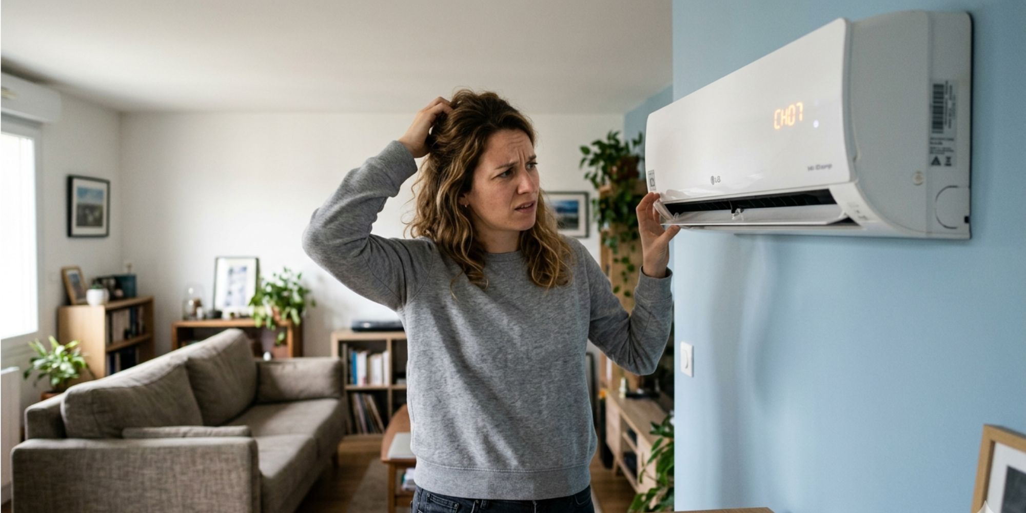 Femme qui constate un code erreur sur sa climatisation LG