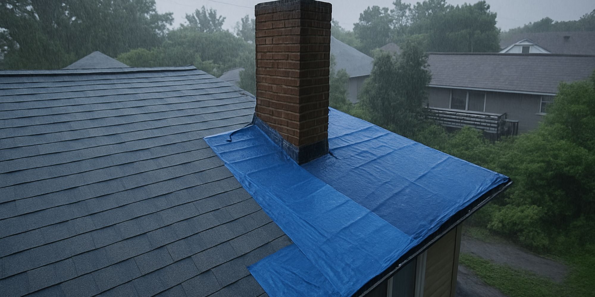 Vue aérienne d'un toit bâché en bleu sous pluie, pour illustrer le concept de prix pour une pose réalisée en urgence.