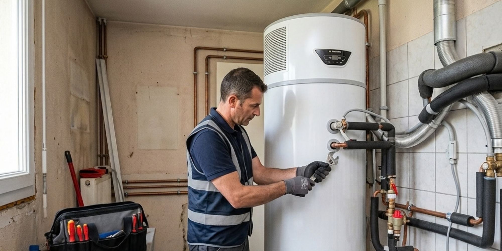 Artisan qui installe un chauffe-eau thermodynamique