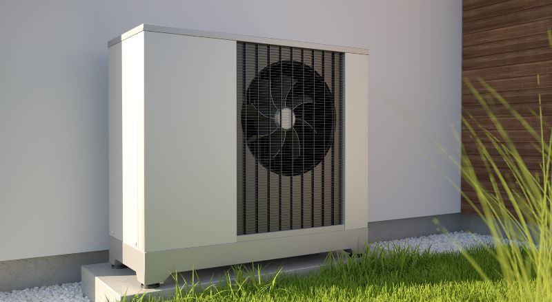 unite exterieure pompe a chaleur derriere une maison 