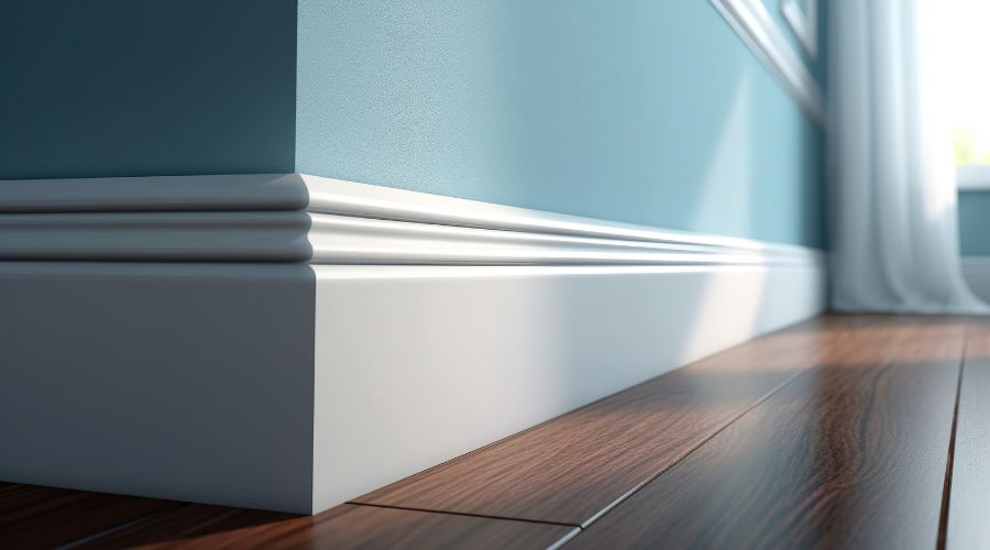 plinthes en bois moulurees blanches entre un parquet et un mur peint bleu clair