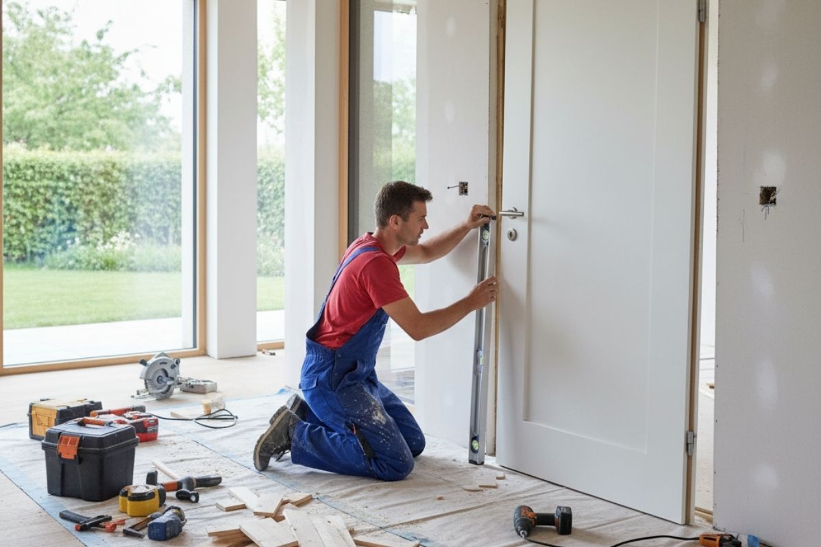 Artisan qui pose une porte intérieure
