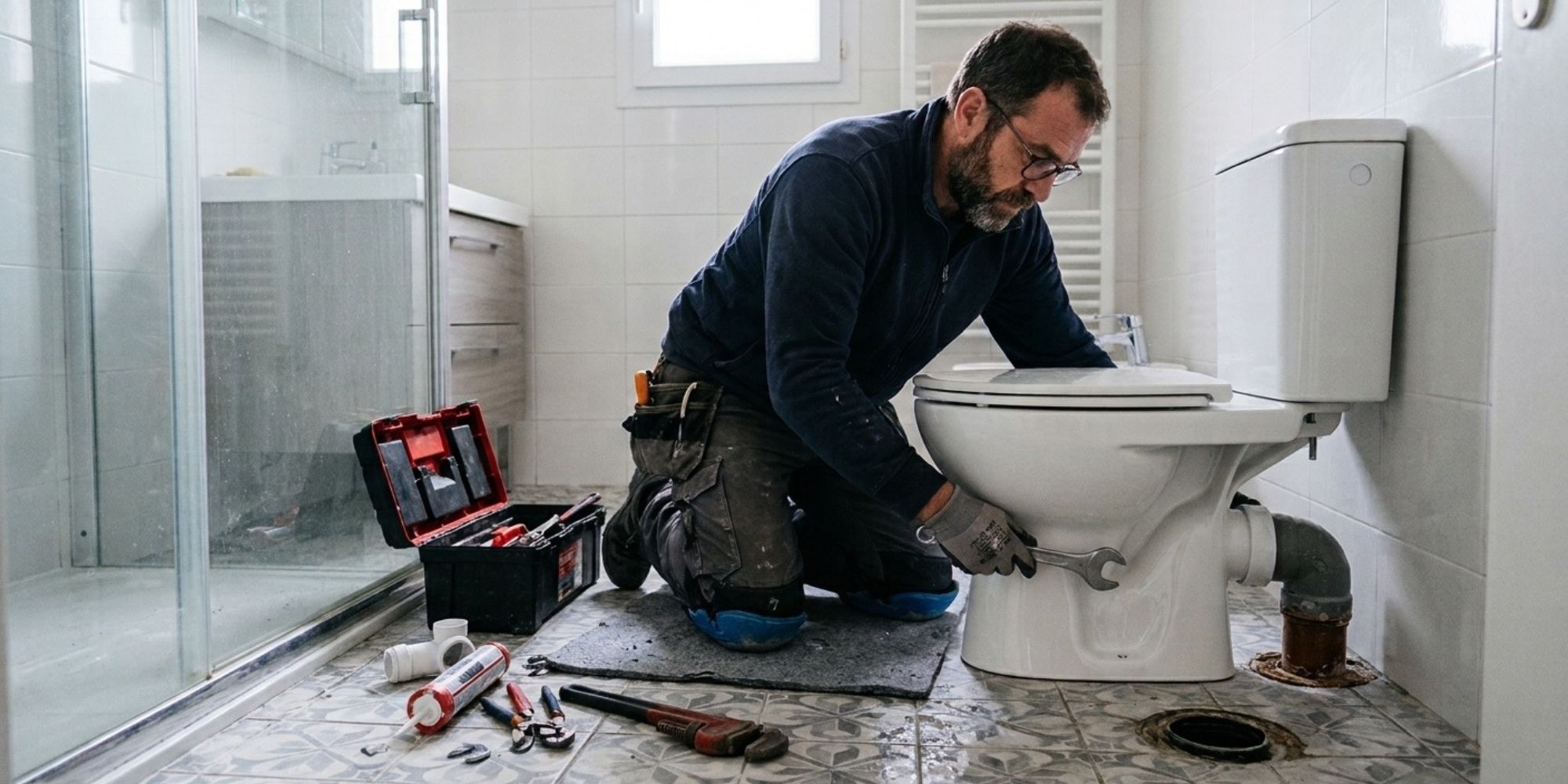 Artisan en train de remplacer un wc