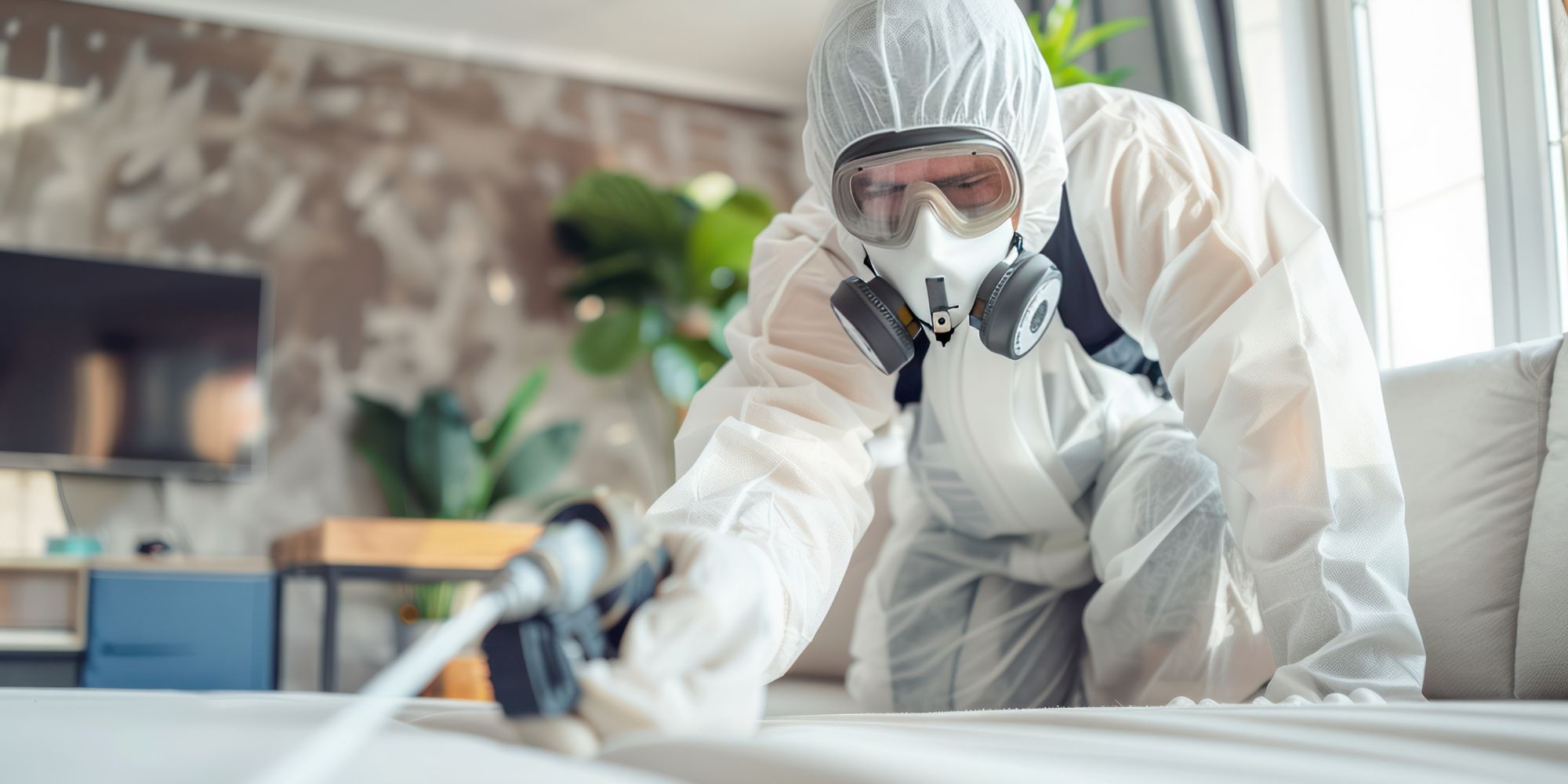 Professionnel en combinaison traitant un lit à la vapeur pour casser le cycle de reproduction des punaises de lit