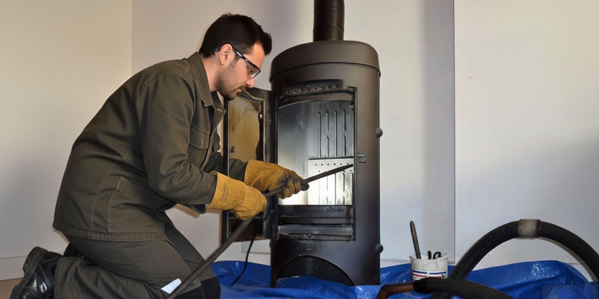 Professionnel en train de ramoner un poêle à bois