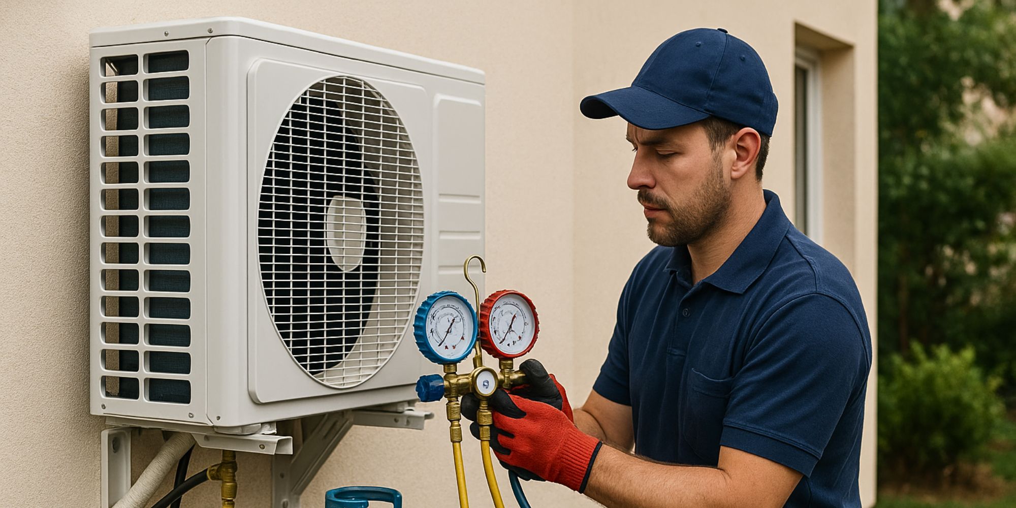 Professionnel en train de recharger la clim d'une maison avec du fluide frigorigène