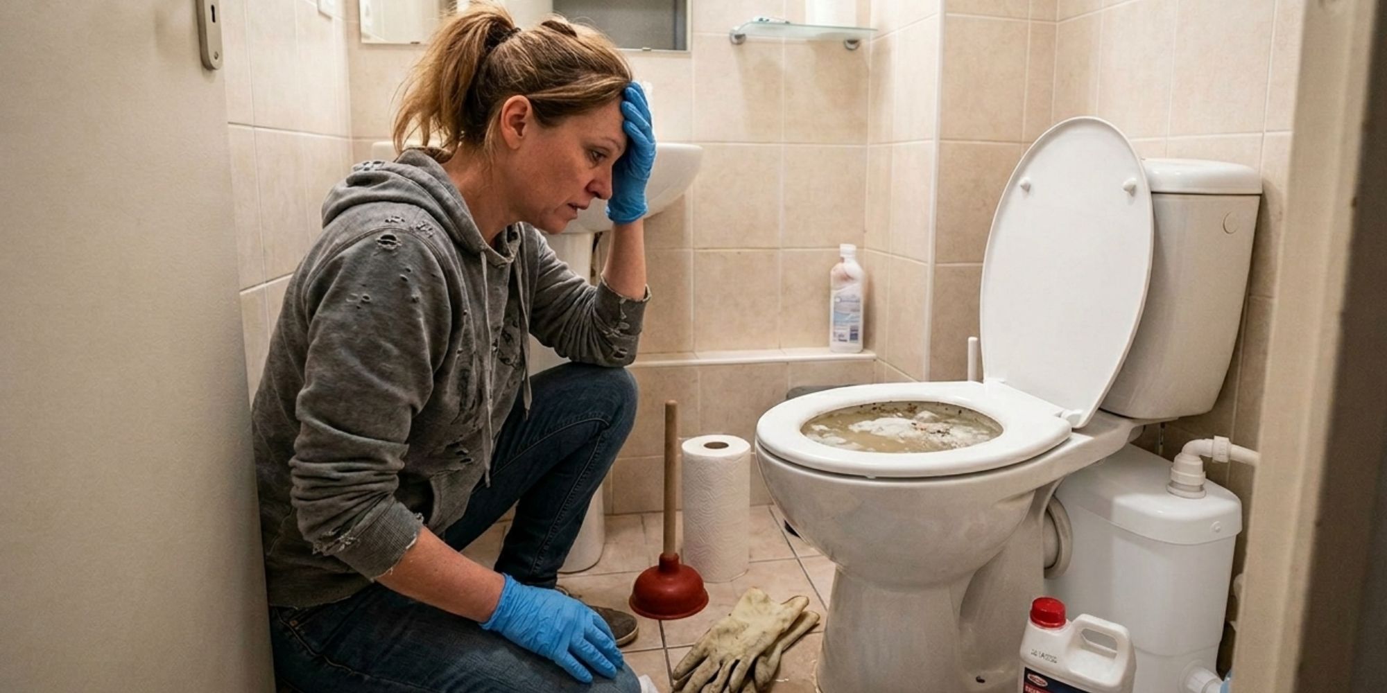 Personne qui fait face à un sanibroyeur bouché