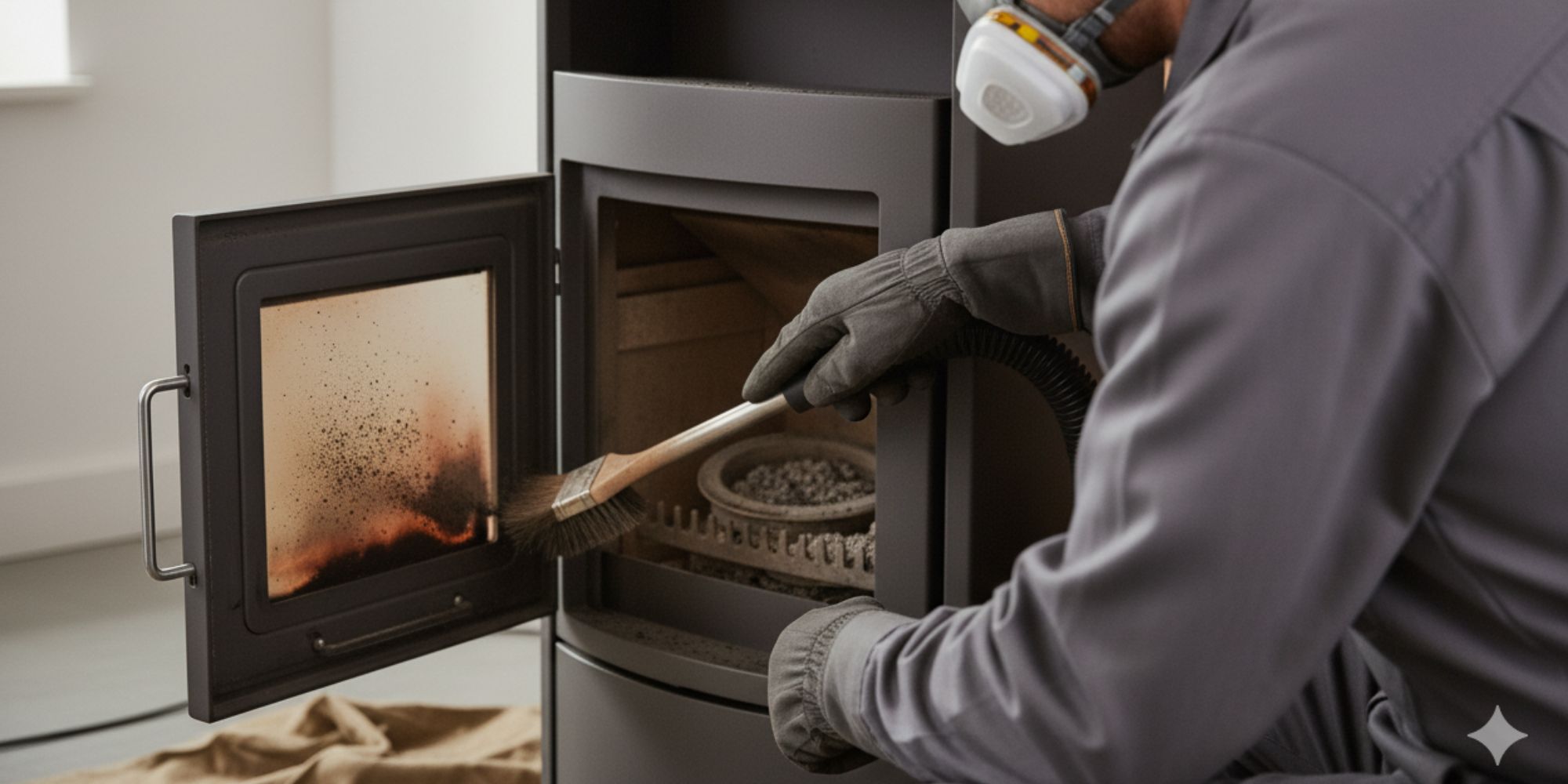 Professionnel en train de ramoner et d'entretenir un poêle à granulés