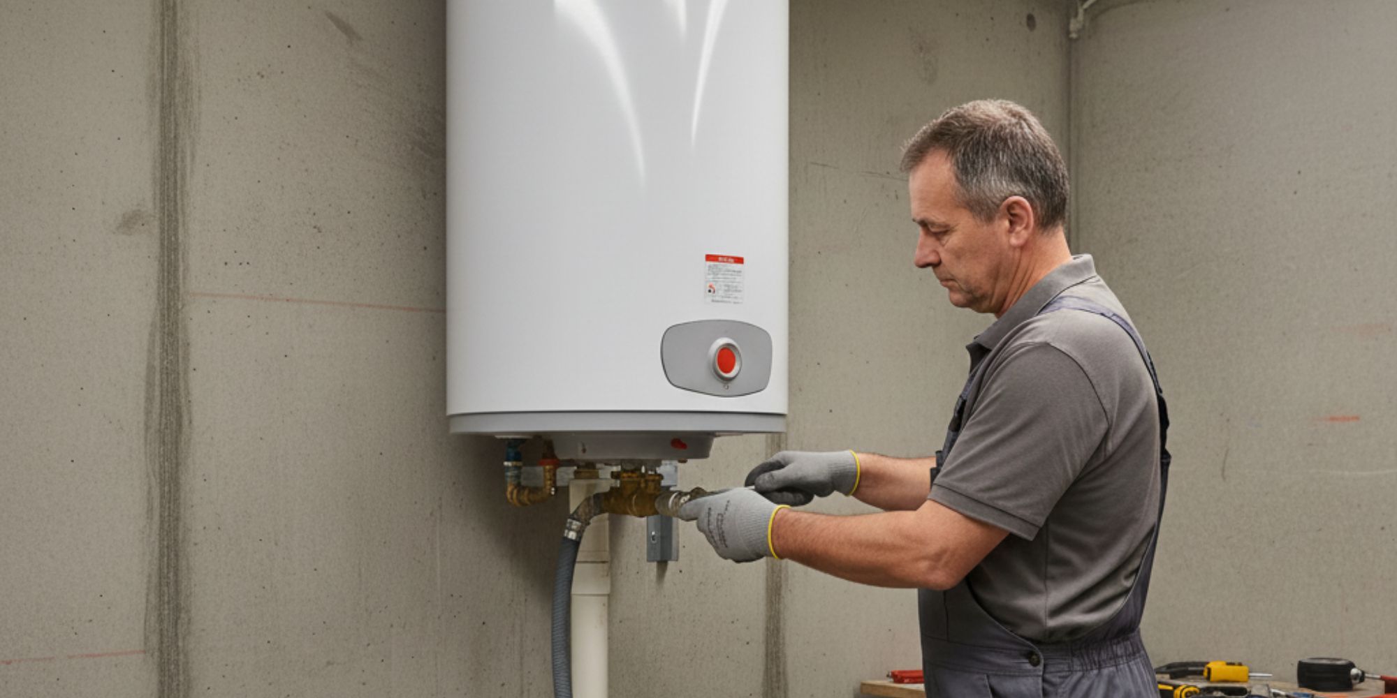 Artisan plombier en train de vidanger un ballon d'eau chaude de 200l