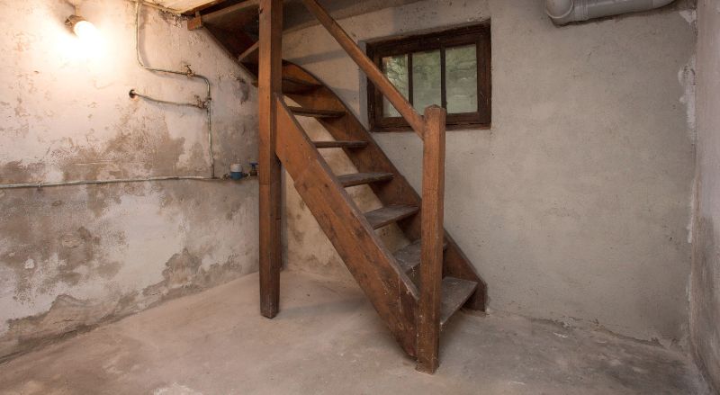 sous sol vide dans une vieille maison avec un peu de lumiere et un escalier en bois