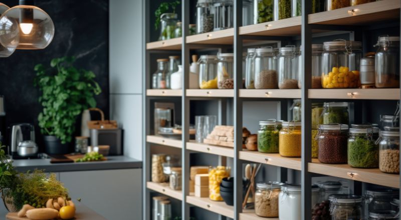 agencement d un cellier avec des etageres en bois et en metal