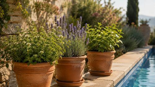 Un anti-guêpes naturel extérieur efficace : des pots de plantes aromatiques répulsives— marjolaine, lavande et menthe disposés sur une terrasse ou en bordure de piscine