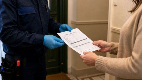 Technicien remettant un rapport de désinsectisation au locataire, document nécessaire pour obtenir le remboursement du propriétaire
