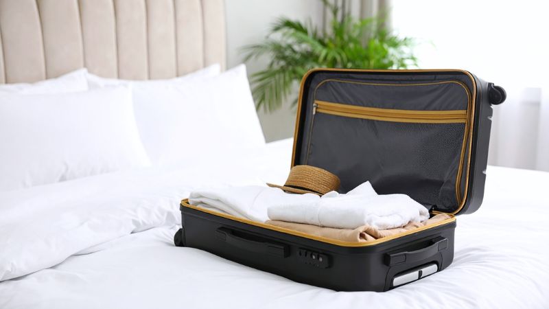 Valise ouverte posée sur un lit d’hôtel avec vêtements visibles – un geste courant à éviter, car potentiel cause d'infestation de punaises de lit