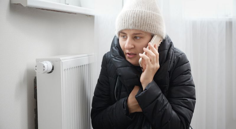 portrait d une femme brune en manteau et bonnet appelant un service de depannage de radiateur