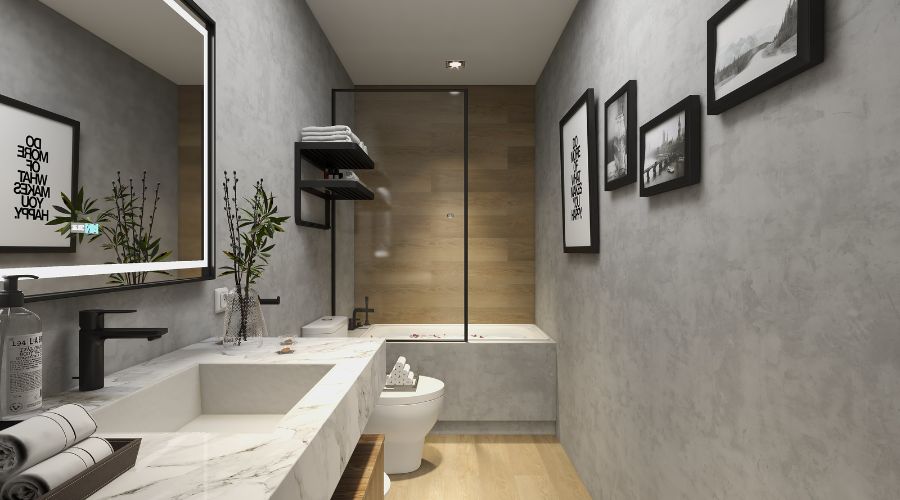 salle de bain en couloir avec petite baignoire dans le fond entre les deux murs paroi de douche le mur du fond et le sol sont revetus d un carrelage effet bois identique alors que les murs des cotes et la facade de la baignoire sont peints avec un gris facon beton cire