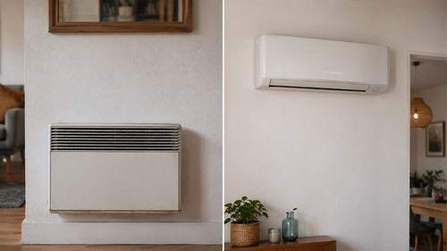 A gauche un ancien radiateur électrique mural, à droite un climatiseur réversible en mode chaud et froid pour le chauffage d'un logement