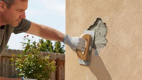 Personne qui colmate un trou à l'extérieur de sa maison