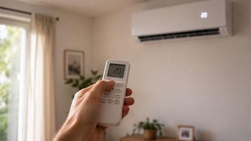 Main tenant une télécommande de climatisation pour régler la consigne en mode chauffage et optimiser la consommation