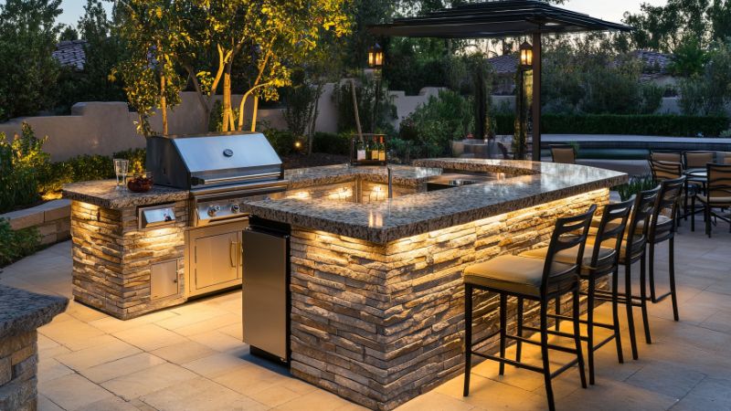 Cuisine d'été en forme de U avec une plancha, un table bar et des tabourets et une pergola noire, sur une terrassa arborée