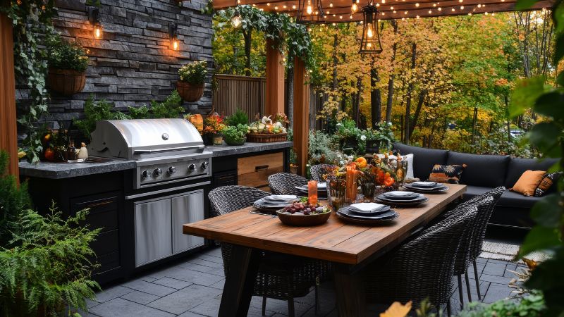 Cuisine extérieure moderne sous pergola avec barbecue en inox, table en bois dressée pour un repas, éclairage suspendu et décor automnal entouré de végétation