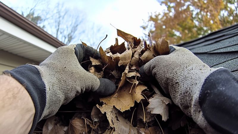 Gros plan sur deux mains gantées ramassant des feuilles mortes, première étape pour déboucher une gouttière.