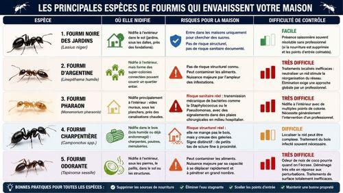 infographie présentant les différentes espèces de fourmis envahissant les maisons, avec solution pour les éliminer