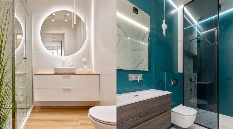 deux photos de salle de bain pour l une des spots encastres et un miroir rond avec bandes leds au dessus du lavabo et pour l autre des bandes leds dans la jonction murs plafonds