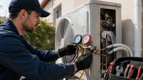Technicien réalisant l'entretien annuel d'une unité extérieure de climatisation
