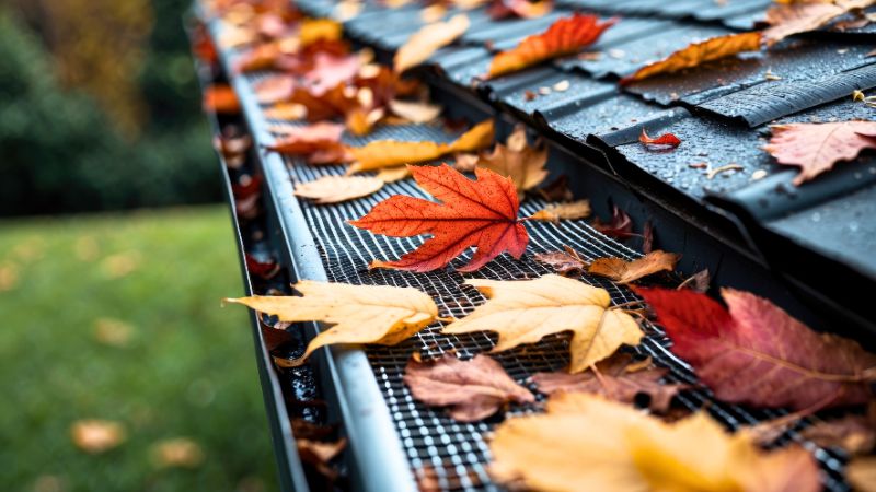 gouttière recouverte d'une grille empêchant les feuilles d'automne de tomber dedans : l'astuce pour simplifier l'entretien !