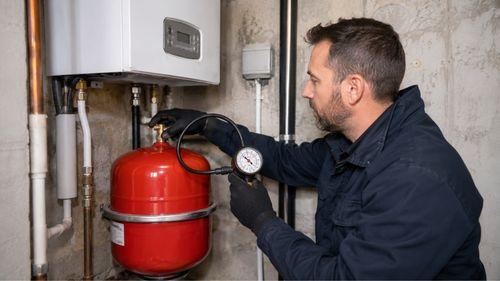 Chauffagiste contrôlant le vase d'expansion d'une chaudière gaz, étape du diagnostic professionnel quand on observe une faible pression d'eau chaude