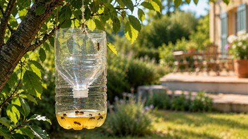 Piège à guêpes DIY en bouteille plastique posé à distance dans un jardin pour faire fuir les guêpes