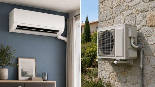 Unité intérieure et unité extérieure d'une climatisation split installée dans une maison