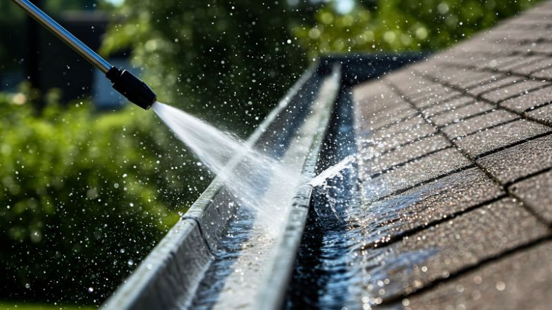 jet d'eau à haute pression rinçant la conduite, dernière étape pour le nettoyage de gouttière