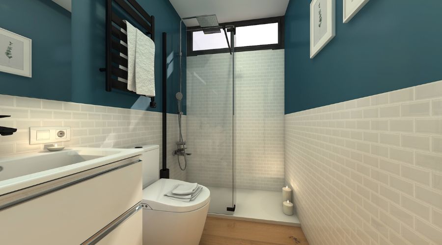 salle de bain format rectangle avec une douche a l italienne prenant toute la largeur dans le fond