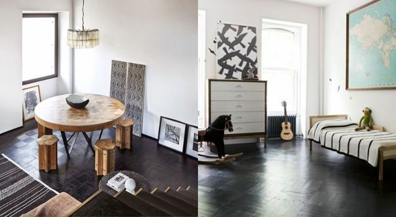 une salle a manger et une chambre enfant avec parquet mosaique peint en noir et remis completement au gout du jour