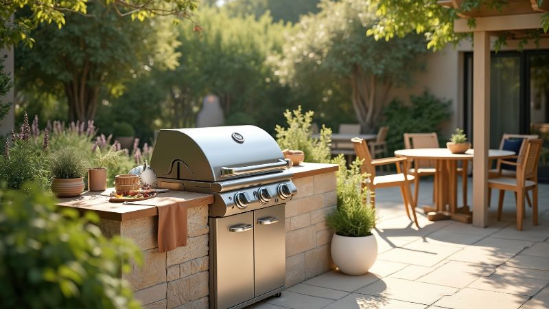 Petite cuisine extérieure de 4 m² avec barbecue inox encastré, plan de travail en pierre et coin repas en bois dans un jardin arboré