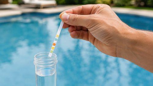Main tenant une bandelette de test piscine indiquant le pH, le chlore libre et l'alcalinité de l'eau ; test à faire en priorité quand l'eau de la piscine est trouble
