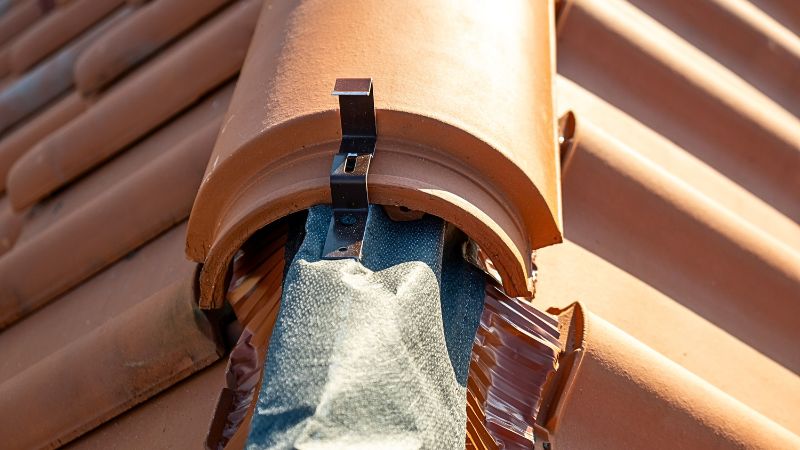 Gros plan sur un faîtage de toiture à sec avec closoir ventilé, un prix de pose plus élevé, un résultat plus durable !
